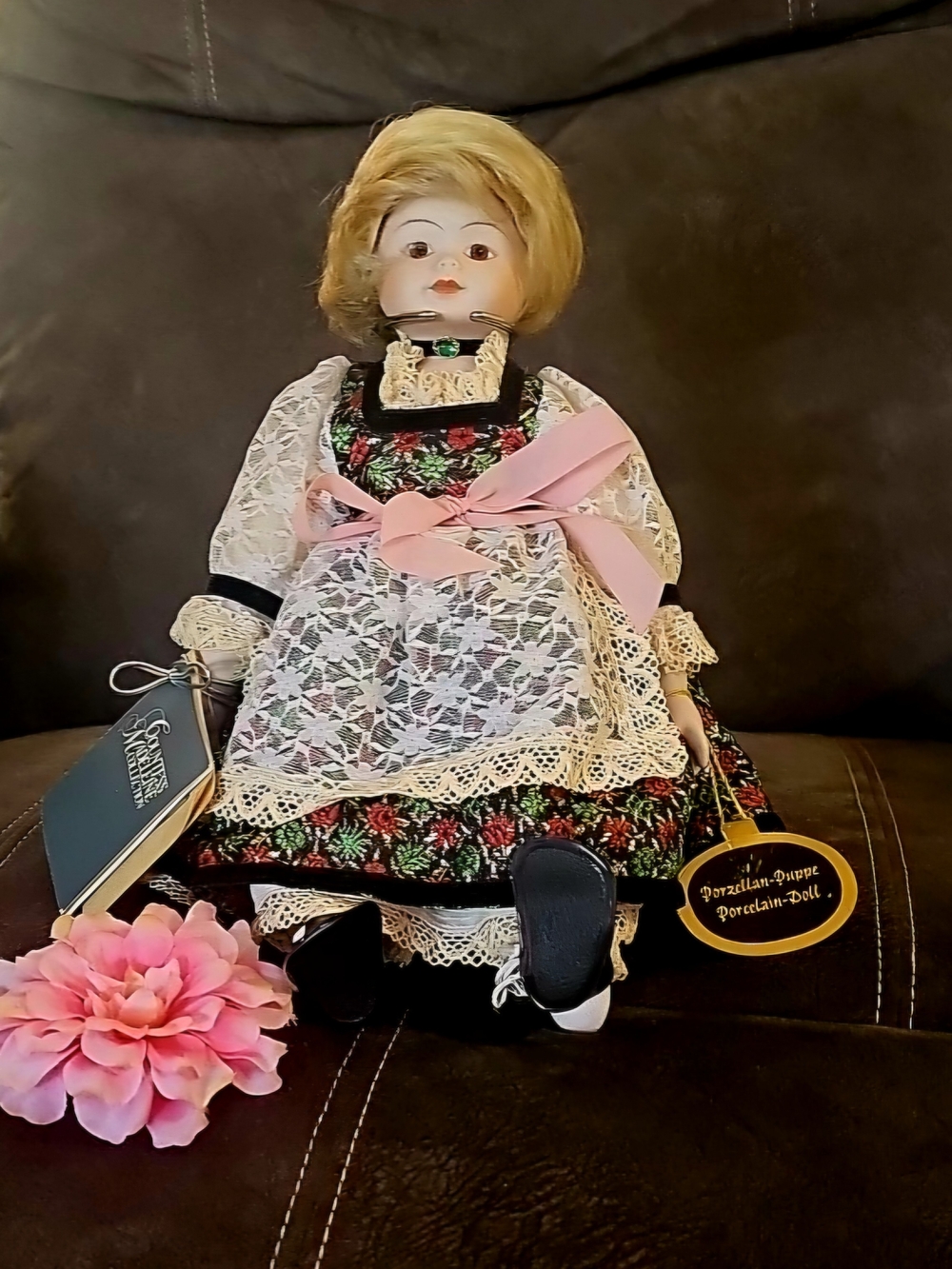 Porcelain Doll in Black Floral Dress & Pink Bow German European Costume W/ Tags